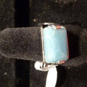 Blue Rectangle Stone Silver Ring Size 7